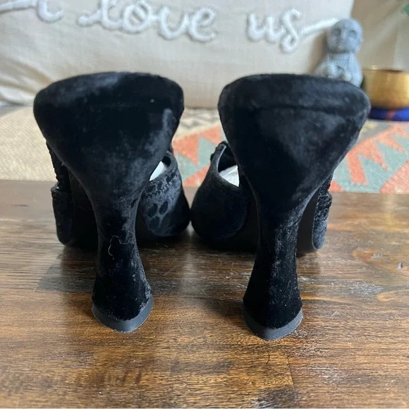 Prada (Worn Indoor Once) Black Velvet Crystal Flower Curved Heel Mules 37.5